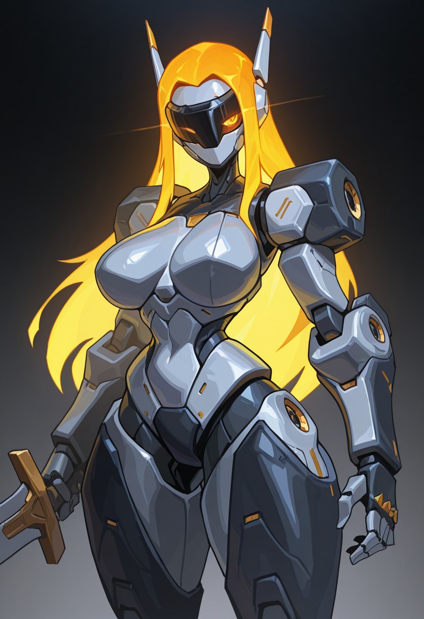 reagan_long, solo, 1girl, large breasts, robot_girl, robot visor, medical_robot, sword_arm, large robotic arms, large robotic hands, large robotic legs, large robotic feet, robot shoulders, robot armor, metalic skin, glowing hair, long hair, glowing eyes, robot antenna ears, cowboy_shot, cropped legs, simple background, masterpiece, best quality, amazing quality, very aesthetic, high resolution, ultra-detailed, absurdres, newest, very awa, dynamic lighting, photorealistic detail, detailed face, detailed eyes, detailed hair, depth of field, volumetric lighting