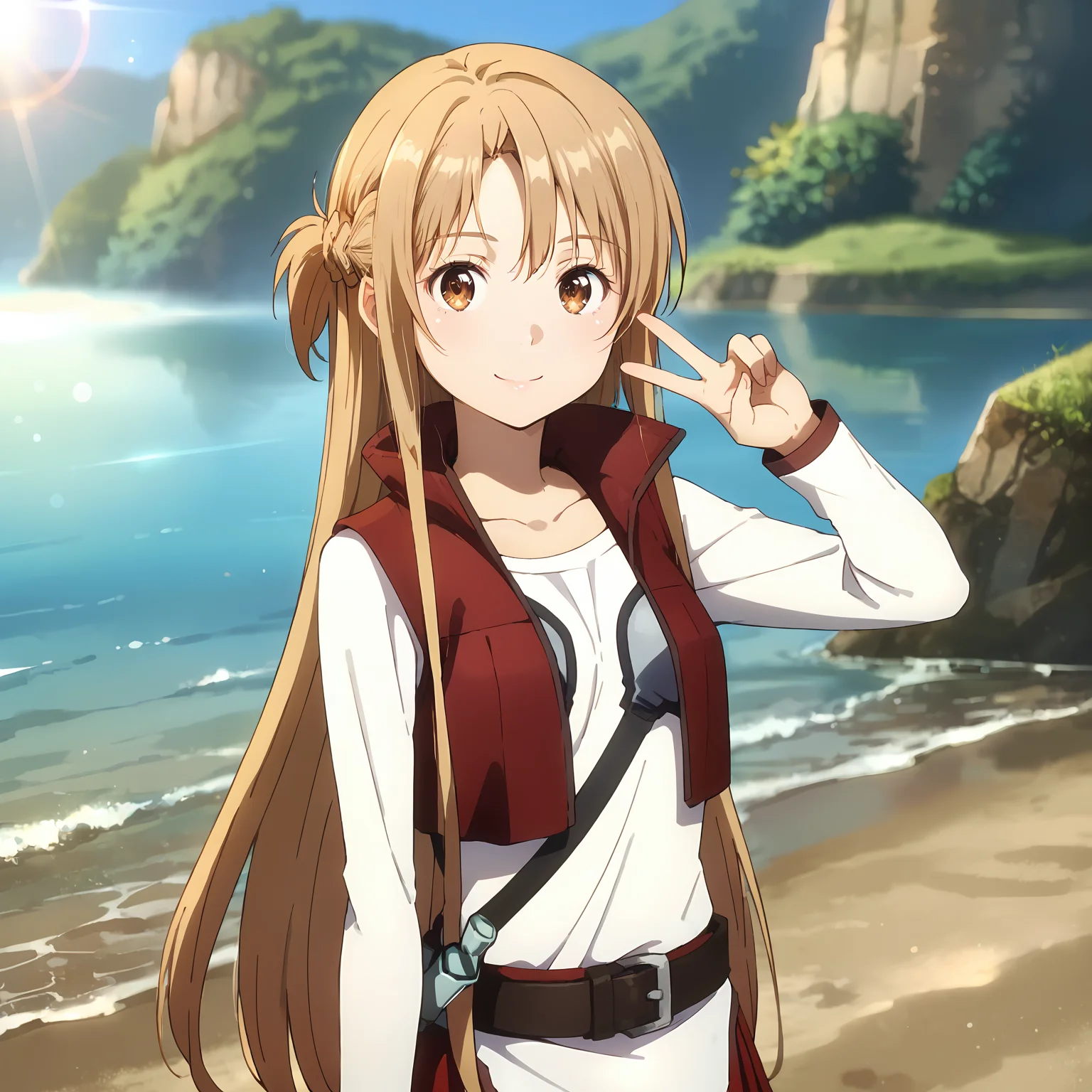 breathtaking cinematic film still score_9, score_8_up, score_7_up, source_anime, <lora:add-detail-xl:1.3>, 1girl, (beach:1.2), ocean, arm up, v, cute, smile, light blush, purple eyeshadow, standing, <lora:Asuna_Sword_art_online_progressive_Aria:0.9> asopavp, asuna \(sao\), brown hair, long hair, half up braid, brown eyes, white shirt, long sleeves, cropped vest, red open vest, untucked shirt, brown belt, red pleated skirt, black pantyhose, red boots, full body, depth of field, sunlight, lens flare, rainbow, . shallow depth of field, vignette, highly detailed, high budget, bokeh, cinemascope, moody, epic, gorgeous, film grain, grainy . award-winning, professional, highly detailed