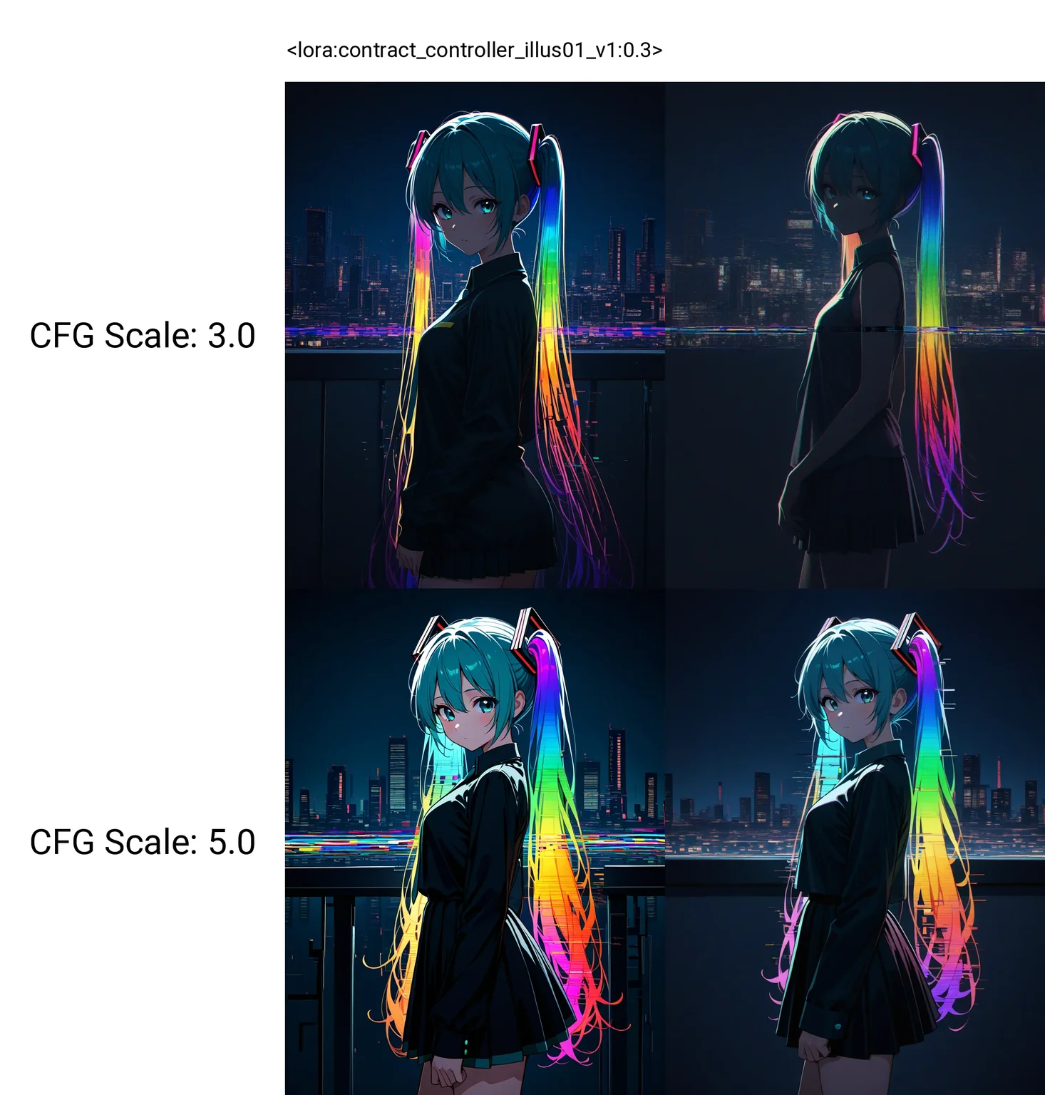 <lora:contract_controller_illus01_v1:0.3>1girl,hatsune miku,cowboy shot,from side,dark background,rainbow hair,looking at viewer,glitch,cityscape,masterpiece,