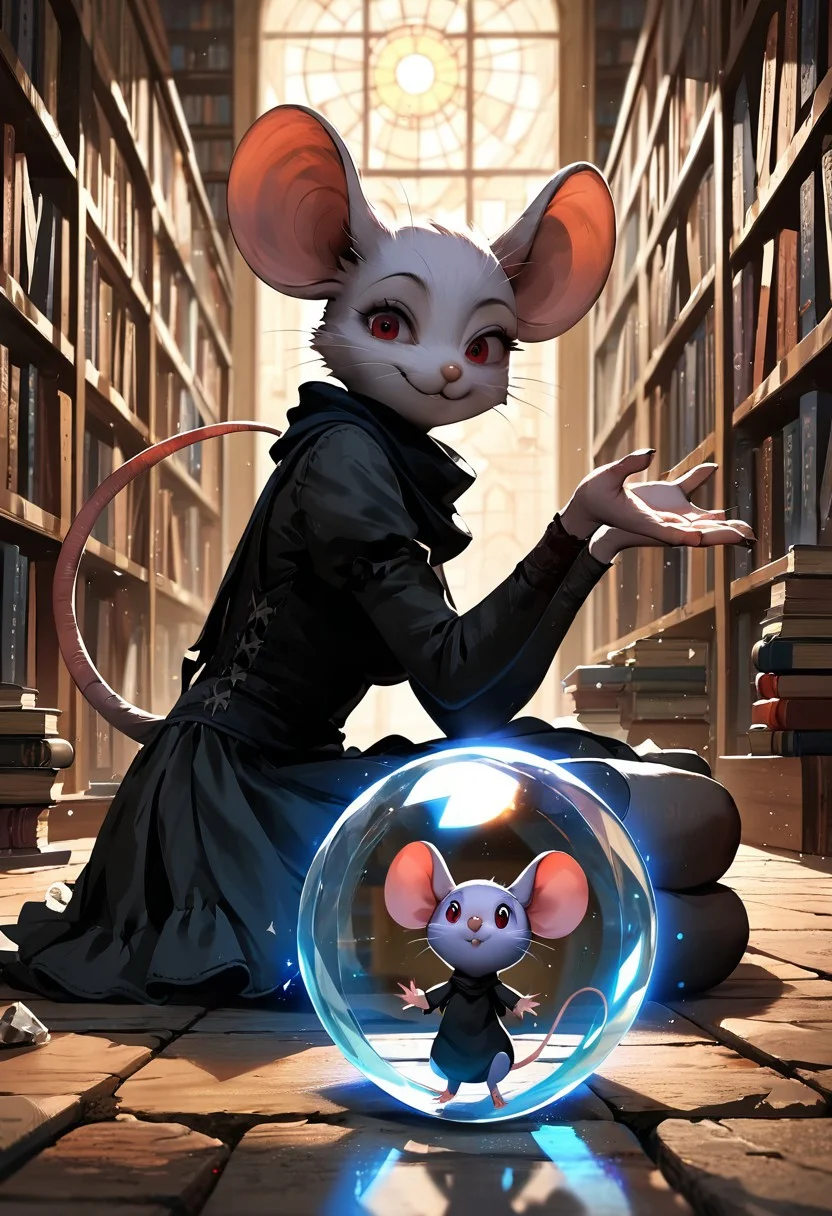 score_9, score_8_up, score_7_up, zPDXL2, detailed background, concept art, realistic, dark theme, low light, solo, perfect face, 2 girls, perfect fingers, bust shot, portrait, close up, anthro mouse girl, tiny, mouse tail, cute, red eyes, surprised look, black scarf, dynamic pose, sitting, hands near crystal ball, crystal ball, table, magicians store, magic spell, ((library background)), black gothic dress, light purple fur, bottomless, smug, from below, from side, coy look, cobblestone wall, windows, stacks of books on the floor, curtains, casting spell, dynamic pose, from above,
