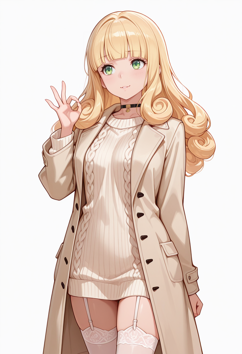 Smooth Quality,masterpiece,very intricate, high quality details, ultra realistic, high detailed skin,detailed enviorement,absurdres,
ok sign ,
 <lora:Poporon_CNR:0.8> poporon_cnr, 1girl, blonde hair, long hair,blunt bangs, green eyes, curly hair,, scared,, simple background, white background, front view,solo,, choker sweater,  ,long coat, ,garter straps, ,