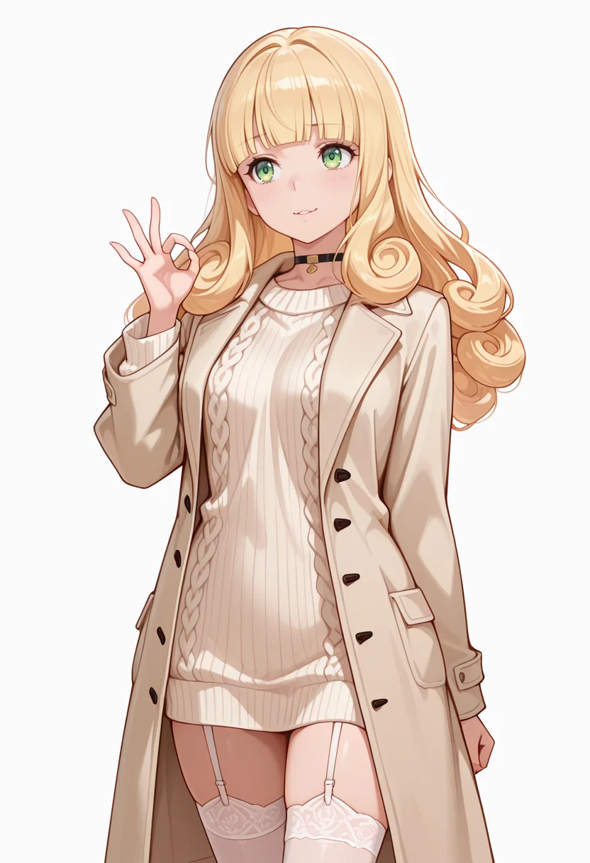 Smooth Quality,masterpiece,very intricate, high quality details, ultra realistic, high detailed skin,detailed enviorement,absurdres,
ok sign ,
<lora:Poporon_CNR:0.8> poporon_cnr, 1girl, blonde hair, long hair,blunt bangs, green eyes, curly hair,, scared,, simple background, white background, front view,solo,, choker sweater, ,long coat, ,garter straps, ,
