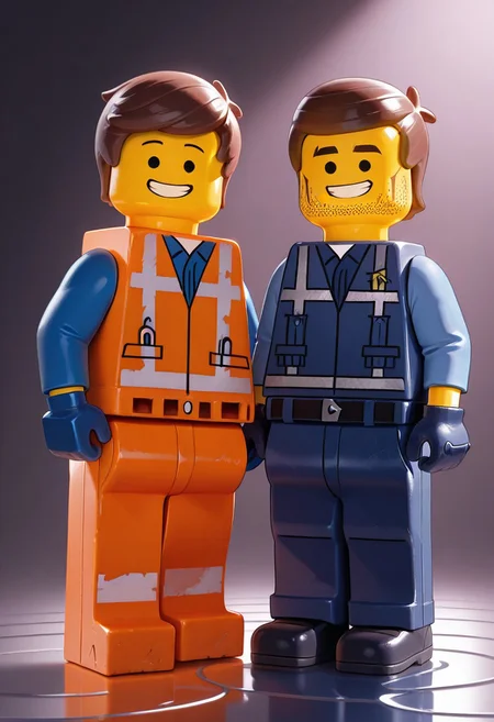 emmetbrick, yellow skin, brown hair, black eyes, dot eyes, orange construction vest, blue shirt, orange construction pants with silver lined on the back front and underneath hips, silver-lined construction vest, black and silver standard-issue id badge on left leg, short hair, several ripples in hair, hair sticking out in the back of hair, rexdanger, facial hair, dark brown hair, yellow skin, black eyes, dot eyes, blue construction vest, blue construction pants with silver lined on the back front and underneath hips, silver-lined construction vest, dark blue gloves, dark blue wristbands, 2boys, yellow skin, multiple boys, 2boys, smile, brown hair, male focus, grin, colored skin, facial hair, shirt, pants, vest, gloves, full body, blue shirt, animification, standing, belt, collared shirt, blue gloves, long sleeves, looking at viewer, orange pants, crossover, short hair