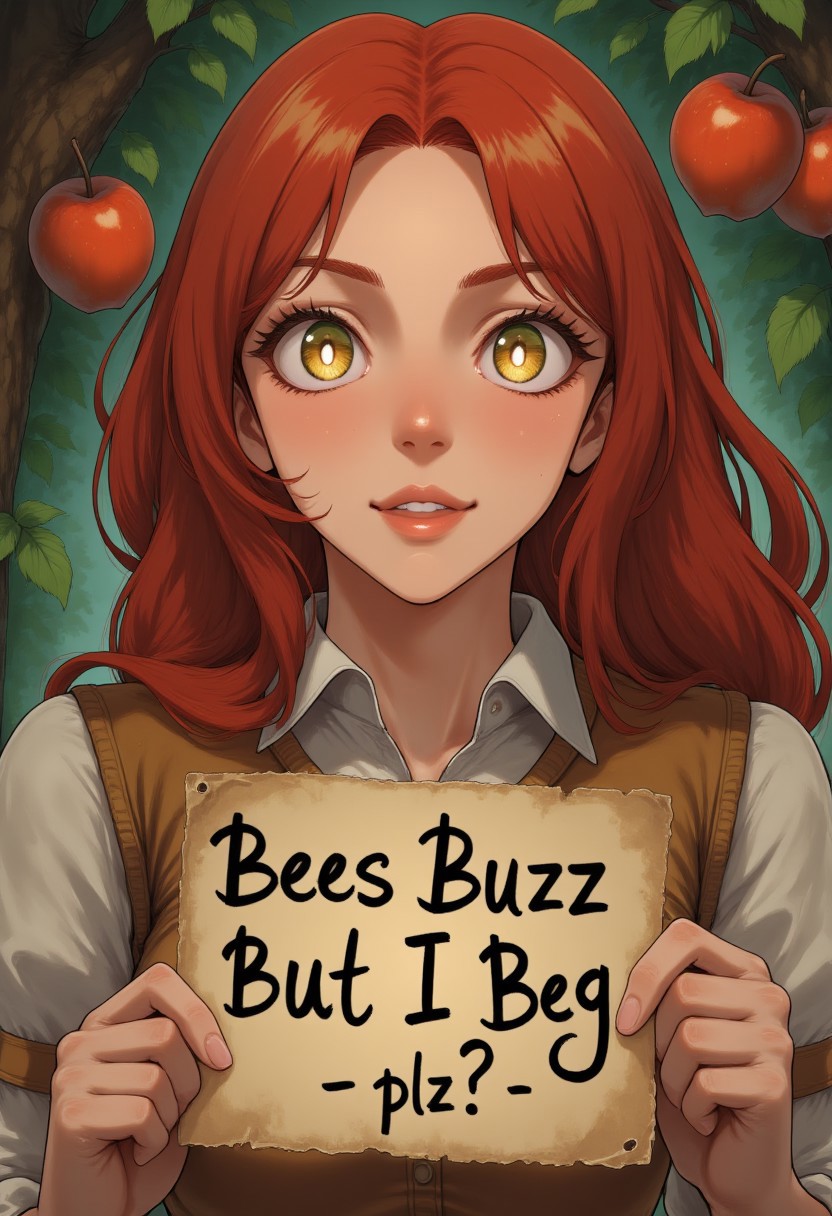 A beautiful redhead goddess, light green eyes with golden flecks, red lips, dramatic eye shadow, holding a sign that says (Bees Buzz But I Beg -plz?-) (High quality textures and colors), realistic eyes and face features. enchanted apple tree behind, full body, full view, her eyes are glowing, open view, at distance,