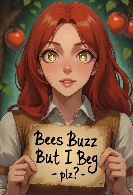A beautiful redhead goddess, light green eyes with golden flecks, red lips, dramatic eye shadow, holding a sign that says (Bees Buzz But I Beg -plz?-) (High quality textures and colors), realistic eyes and face features. enchanted apple tree behind, full body, full view, her eyes are glowing, open view, at distance,