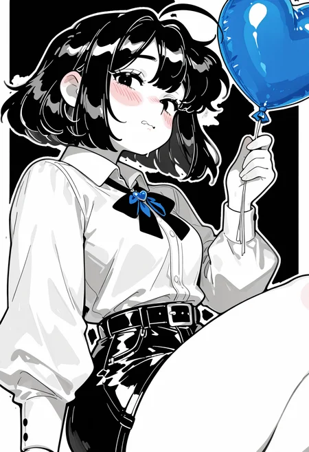 1girl, from side, sideways glance, looking at viewer, slouching, wavy mouth, black hair, short hair, huge ahoge, wilted ahoge, holding ballon, blue heart ballon, collared shirt, long sleeves, belt, shorts, Cute, art style, cartoony, spot color, greyscale, simple shading
Kenorland, kenorland, artist:moriimee, 748cmstyle, Bl3th3bn3_Styl3_SKNSFW,
<lora:748cmSDXL:0.5> <lora:MoriiMee_Gothic_Niji_Style_Illustrious_r1:0.7> <lora:Bluethebone_Style:1> <lora:kernorland_v2:0.75>