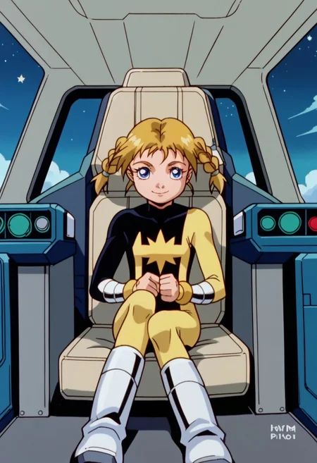 score_8, score_8_up, score_7_up, AWGXS, anime screenshot, retro artstyle,1990s (style), cel animation BREAK 1girl, female focus, solo, Katie_PP, blue eyes, blonde hair, twintails, short twintails, twin braids, flat chest, Power Pack uniform, asymmetrical clothes, star (symbol), ener_logo, print bodysuit, yellow bodysuit, black bodysuit, bracers, metal bracers, knee boots, metal boots, cockpit, sitting, straight-on, hands in lap, spacecraft interior, smile, wondrous expression, science fiction,