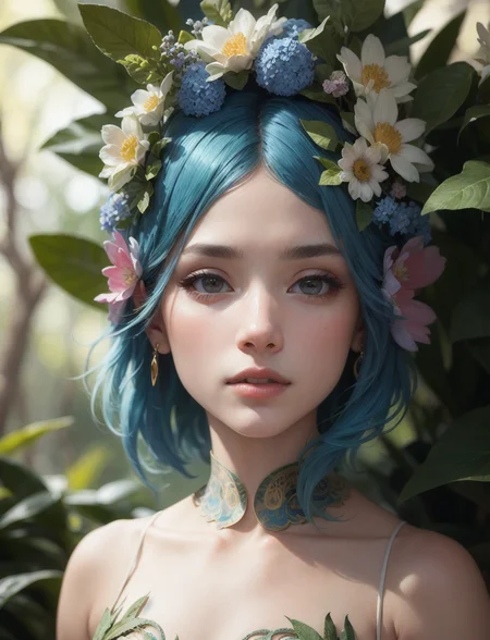 fashion photography portrait of flower fairy, in blue lush jungle with flowers and birds,1 head ,(alphonse mucha style:1.2), 3d render, cgi, symetrical, octane render, 35mm, bokeh, 9:16, (intricate details:1.12), hdr, (intricate details, hyperdetailed:1.15), (natural skin texture, hyperrealism, soft light, sharp:1.2)