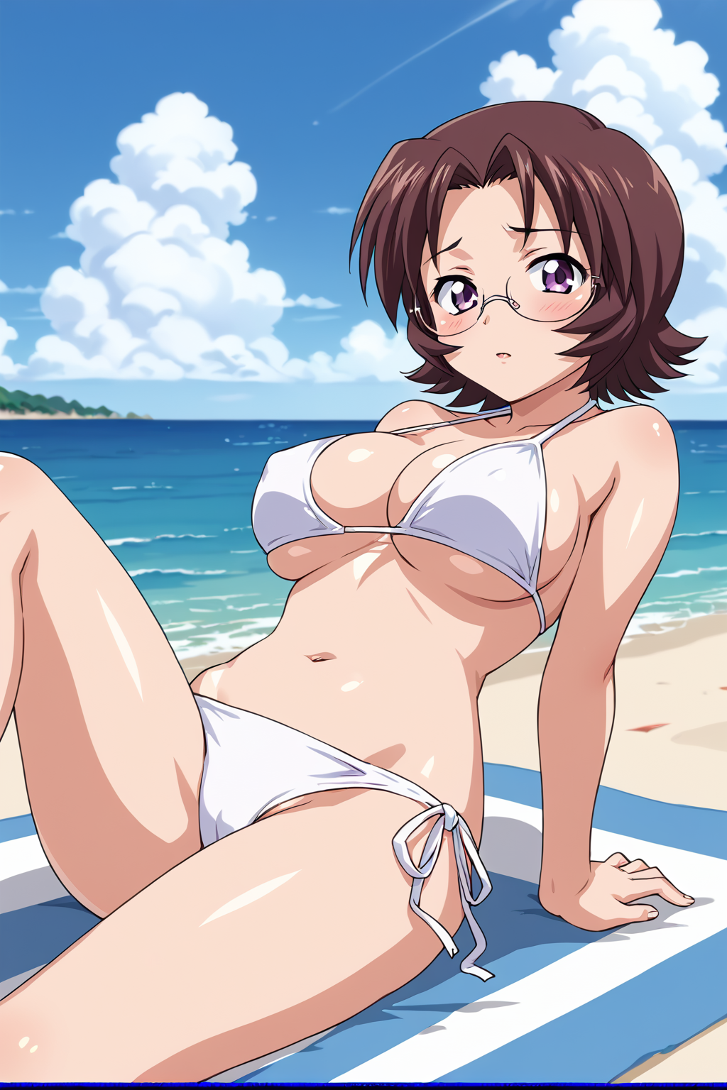score_9, score_8_up, score_7_up, BREAK source_anime, masterpiece, anime screencap, shiny skin, thick outline, 
1girl, solo, goei, purple eyes, brown hair, short hair, glasses, large breasts, <lora:goei_pony-000020:0.8>
white bikini, beach, blush,