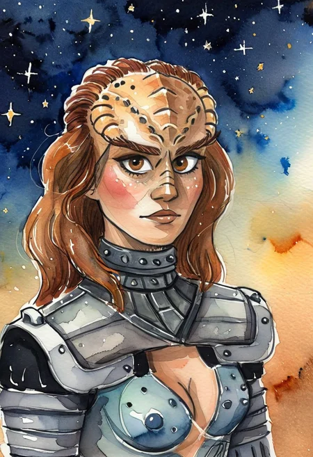 ((novuschroma43 style watercolor sketch) of a female kling0n alien, forehead ridges, brown skin, nose ridges, large eyebrows, leather armor), black starry night time sky background full of stars