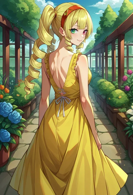 score_9, score_8_up, source_anime, 1girl, solo, KoamiSumire, heterochromia, blonde hair, long hair, twintails, drill hair, red hairband, from behind, yellow sundress, garden, day, sunshine, smile, looking back, <lora:ChamKoamiSumirePonyXL:1>