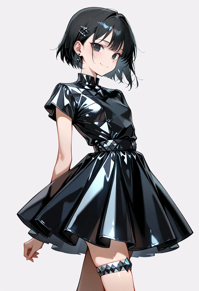 best quality, amazing quality, simple background,((outlined outlined vector graphics)),   simple background,  side view ,  looking at viewer ,
1girl, 20yo, black hair, black eyes, short bob hair, hair pin,small breast, slender,(white thigh strap:1.1), cute face, earings,
black diamond clothes,, black dress, smile  ,  short sleeve dress,  walking ,  leaning back ,  , <lora:black-diamond-il-20:0.9>