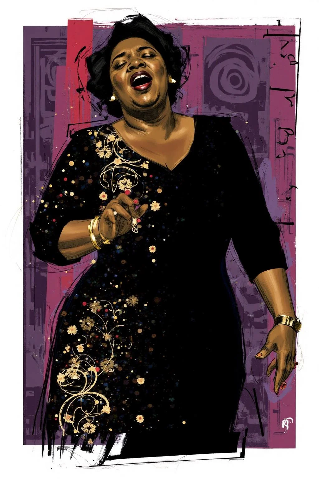 poster illustration.
An African American woman in a black dress with gold floral patterns is singing, her mouth open and one hand raised. <lora:posterillustration_cap_d8a4e11:1.0><lora:846192863508251617:0>