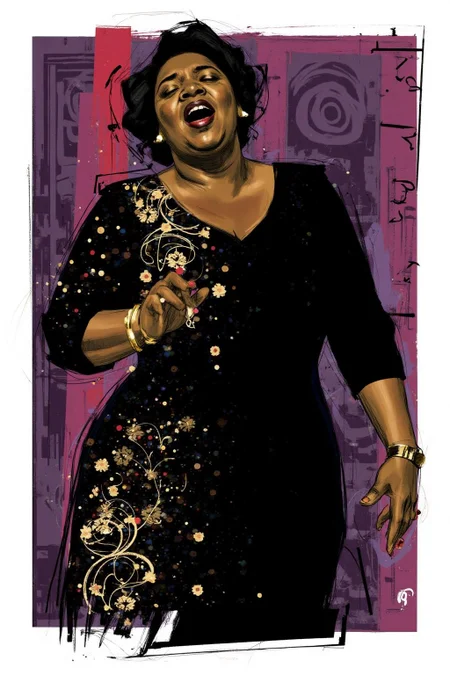 poster illustration.
An African American woman in a black dress with gold floral patterns is singing, her mouth open and one hand raised. <lora:posterillustration_cap_d8a4e11:1.0><lora:846192863508251617:0>