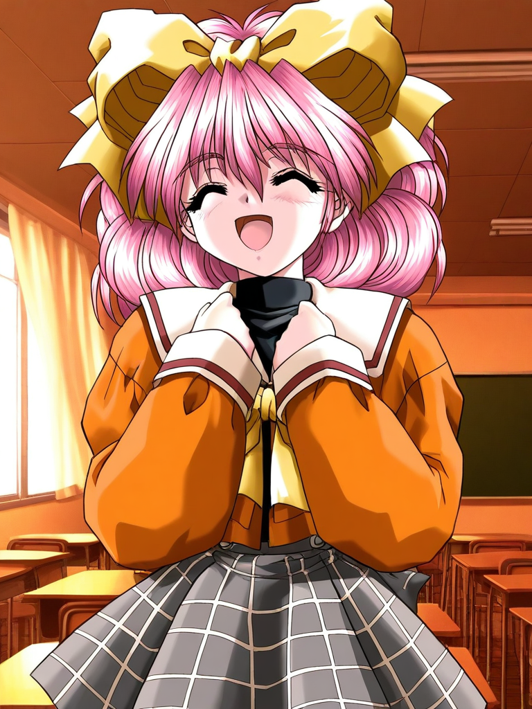 general,highres, ultra-detailed,very aesthetic,best quality ,best hands, BREAK <lora:Kanzaki_Suzu_Akumu_AoiKajitsunoSange_IS:1>
Kanzaki_Suzu, 1girl, solo, pink hair, medium hair, yellow bow, closed eyes, hair bow, short,
school uniform, gray plaid skirt, white and black skirt, orange sleeve,
happy,
open mouth,
class room, curtain,