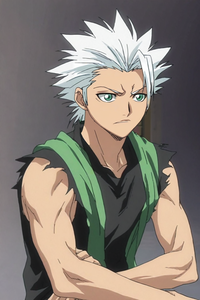 score_9, score_8_up, score_7_up, score_6_up, score_5_up, score_4_up, BREAK source_anime, anime screencap, , official style, , upper body, , 1boy, solo, male focus, <lora:toushirou_hitsugaya_pony:0.82>, toushirou_hitsugaya, white hair, green eyes, spiked hair, , muscle shirt, , science fiction cyber-thriller, Sitting crossed-legged, relaxed, <lora:sdxl_lightning_8step_lora:1>