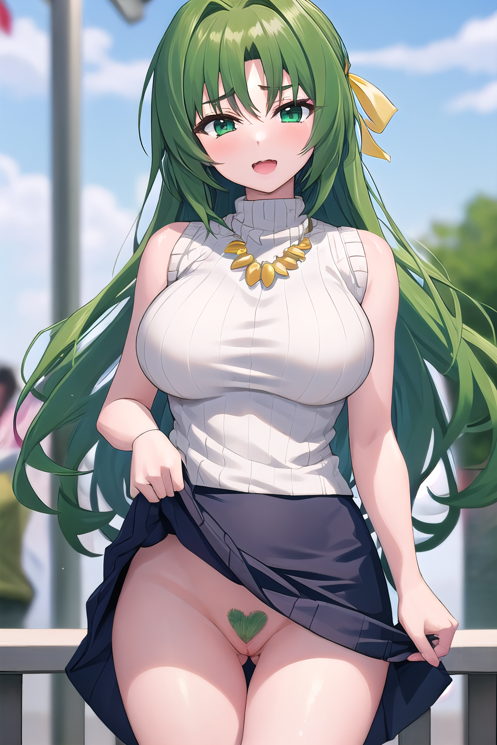 masterpiece, best quality, ultra-high-detailed, 1girl, heart-shaped pubic hair, public hair,   Sonozaki Shion, green hair, green eyes, long hair, yellow ribbon, yellow necklace, turtleneck sweater, black skirt, skirt lift, pussy