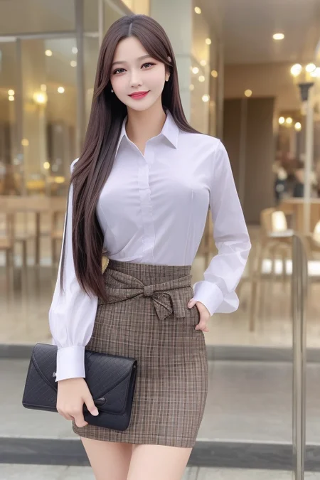 <lora:pmj.ChilloutMix-ni-fp16.v1:0.7>pmj with long straight brown hair,
16K,UHD, best quality, masterpiece:1.2, (realistic, photo-realistic:1.37), ultra-detailed, 1girl, cute, solo, beautiful detailed sky, detailed cafe, night, dating, (nose blush), (smile:1.1), (closed mouth) small breasts, beautiful detailed eyes, (stylish shirt), night, wet, business attire, rain, floating hair , photoshoot, (halfbody:1), (slim waist:1.5), side, black plaid short pencil skirt, luxurious purse,