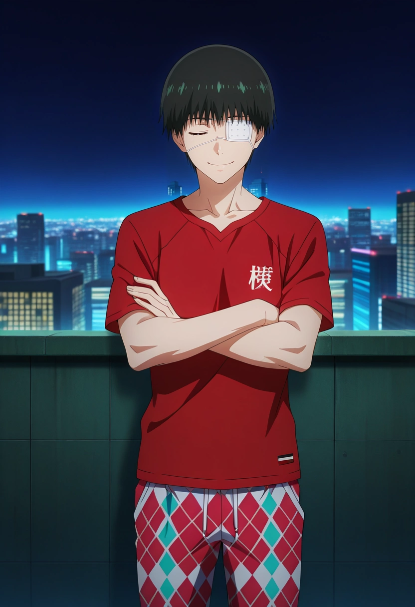 masterpiece, best quality, , anime screencap, , , , 1boy, solo, male focus, <lora:ken_kaneki_ilxl:0.94>, ken_kaneki, black hair, black eyes, short hair, bangs, eyepatch, , , wide angle, wide shot, cowboy shot, rooftop, tokyo \(city\), building, skyscraper, dark, crossed arms, (closed eyes:1.2), smile, Argyle PistachioGreen Snowboard pants, Red Ikat Henley pocket T-shirt, , ,