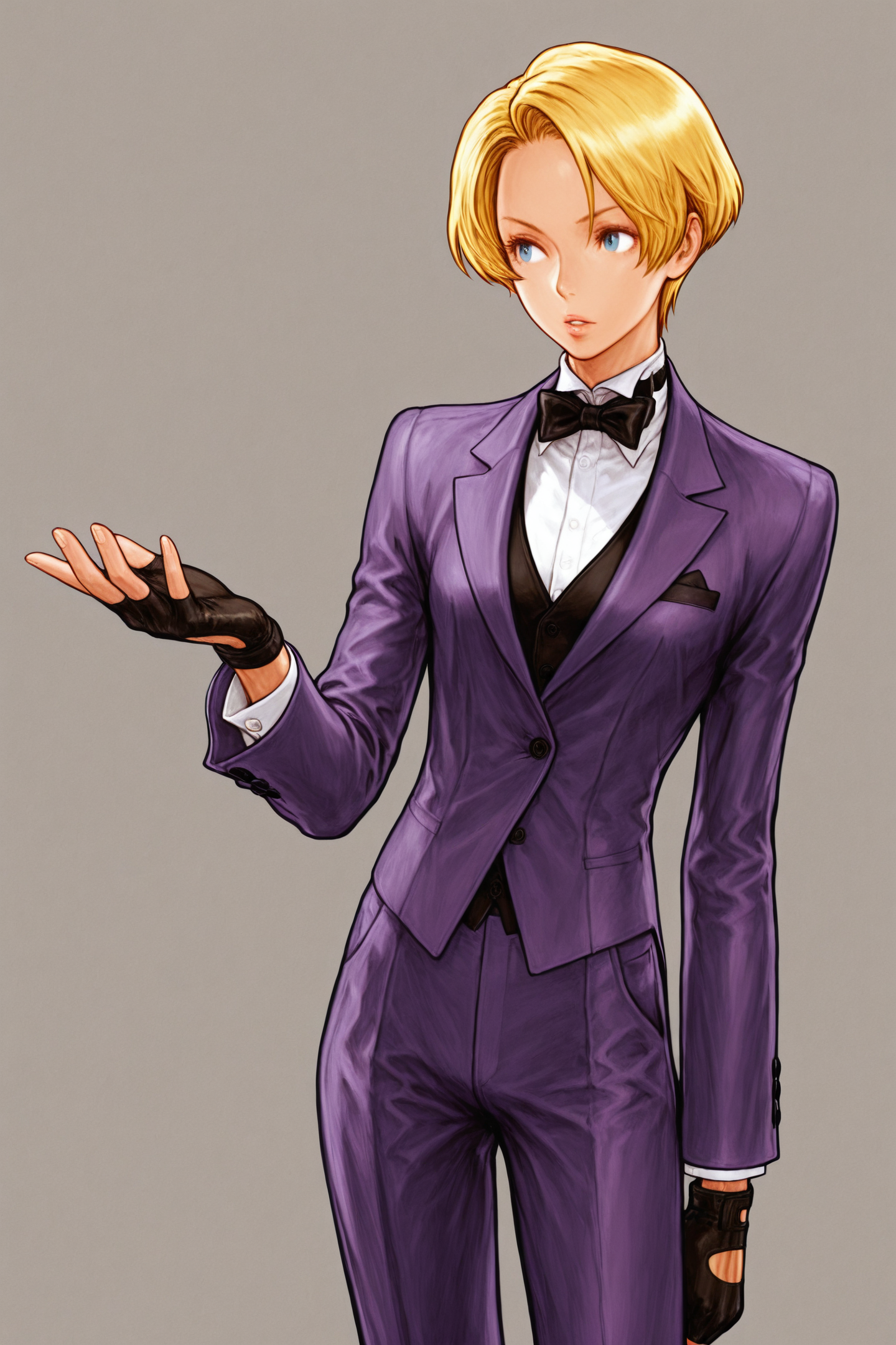 king \(snk\),solo,1girl,blonde hair,gloves,short hair,reverse trap,androgynous,pants,bowtie,fingerless gloves,pant suit,bow,blue eyes,formal,purple suit,vest,traditional bowtie,
<lora:Kinu Nishimura_illustriousXL:1.5>,