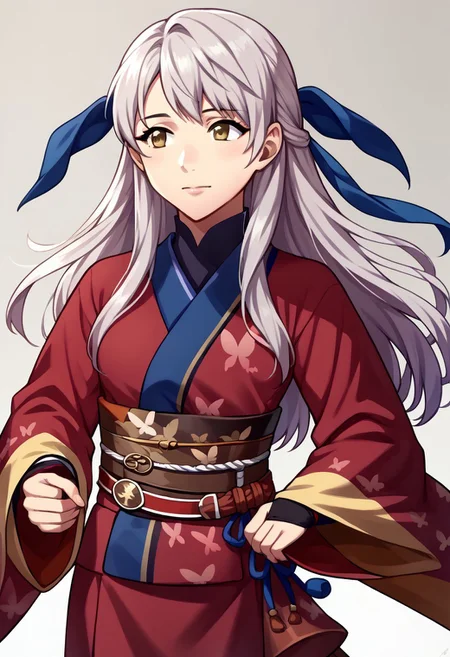 score_9, score_8_up, score_7_up, source_anime BREAK 1girl, solo, <lora:zs_AwakeningPortraitsXL:1> awakeningportraits, portraits, white background, , micaiahkimono, light smile, grey hair, half updo, hair ribbon, japanese clothes, red kimono, butterfly print, sash, obi, long sleeves, wide sleeves, black gloves, <lora:fireemblem_micaiah_ponyXL:1>