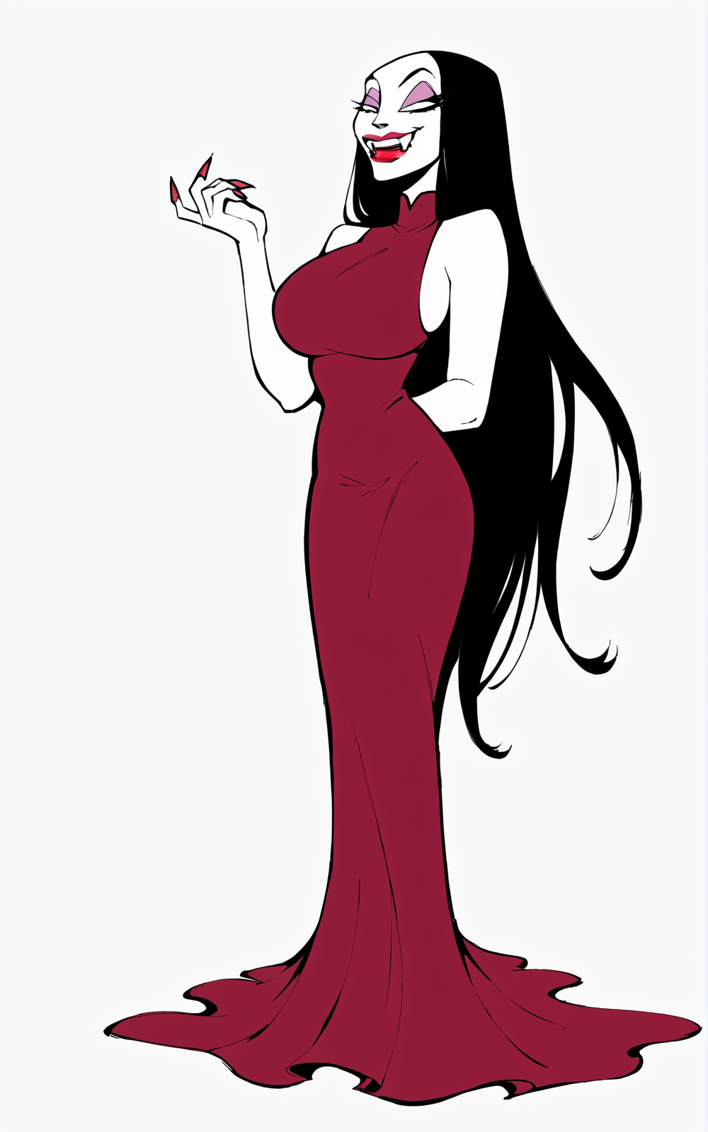 score_9, score_8_up, score_7_up,((best quality)), absurdres,((full body)),  <lora:3d-2d:0.8>,    <lora:VeraDraculaPXL:0.9>,VeraDraculaPXL,long hair, black hair, red nails, breasts,large breasts, fingernails, white skin,makeup,lipstick, black eyes,fangs,dress, red dress, sleeveless, turtleneck, skin tight,white background,slim,standing