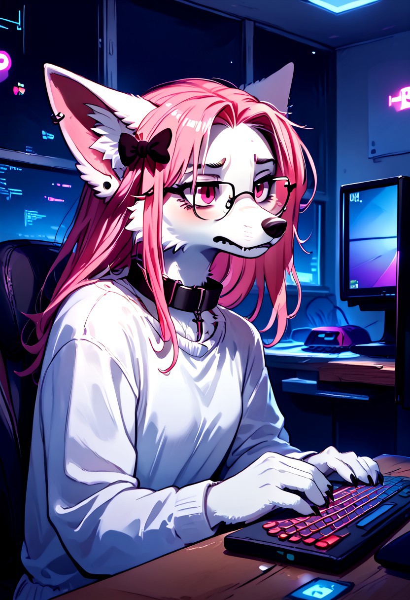 score_9, score_8_up, score_7_up, easynegative, realistic style, detailed face, solo, anthro, furry, Expressiveh, masterpiece, raw quality, best quality, extremely detailed, stunning beautiful, high definition, HD, cute, girl, BREAK Keiko, 1girl, solo, furry female, animal ears, tail, collar, multicolored hair, spikes, long hair, ear piercing, wolf ears, hair bow, glasses, body fur, white fur, pink fur, two tone fur, pink hair, pink eyes, wolf tail,
jaded, jaded expression, tired, half closed eyes, closed mouth, small black cloud sketched above her head, bags under eyes,
inside, indoors, bedroom, Desk, Chair, Keyboard, Mouse (PC), RGB, Gamer, Neon. Laptop, HDA_pet_play,
night time, in the dark, fca_style,