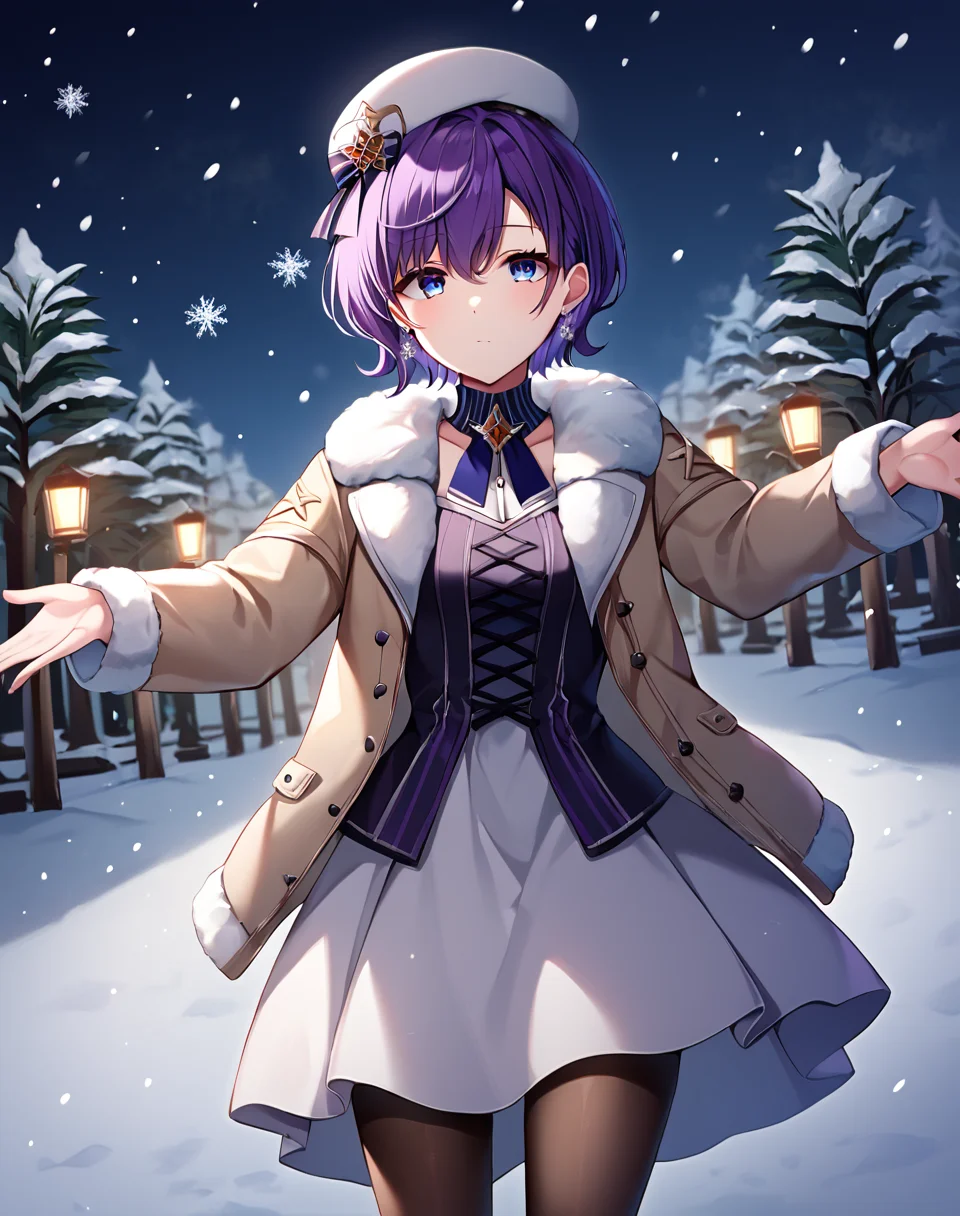 asahina_mafuyu, purple hair, purple eyes, blue eyes, gradient eyes, hat, dress, white headwear, fur trim, earrings, jewelry, pantyhose, jacket, snowflakes, short hair, black pantyhose, long sleeves, BREAK outdoors, park, snow, snowing, dark, night, dark lighting BREAK looking up, looking at sky, standing, cowboy shot, neutral face BREAK score_9, score_8_up, score_7_up, source_anime ,zPDXL, perfect hand,<lora:Asahina_Mafuyu:0.8>, dutch angle, outstretched arms, open hands