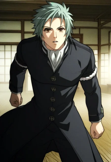 ((masterpiece)), ((best quality)), ((ultra-detailed)), ((absurdres)), score_9_up, score_8_up, score_7_up,
HD, top quality, best quality, amazing quality, High-quality illustrations, anime screencap, source_anime, best aesthetic, perfect proportions, perfect eyes, 1boy, 1male, solo boy, solo male, male focus, solo male focus, Anime, boy, male anime character, anime boy, handsome, sexy, cute, charming, ((looking at front, looking at viewer)), ((front shot, front view, view from front)), ((full body shot, head to feet shot)), ((tall body, tall height)), ((lean body, bulky body, hunk body)), Muneakira Yagyuu, gray-green hair, brown eyes, long black overcoat, leg-length overcoat, closed buttoned coat, white neck cravat, long sleeves, white armbands, black gloves, black pants, rown shot, ((action pose, fight stance)), ((dynamic pose, cool pose, amazing pose)), ((hand holding a long katana sword)), ((japanese dojo)), ((coat swaying)), swordeasynegative, updn, Expressiveh, masterpiece, best quality, very aesthetic, absurdres