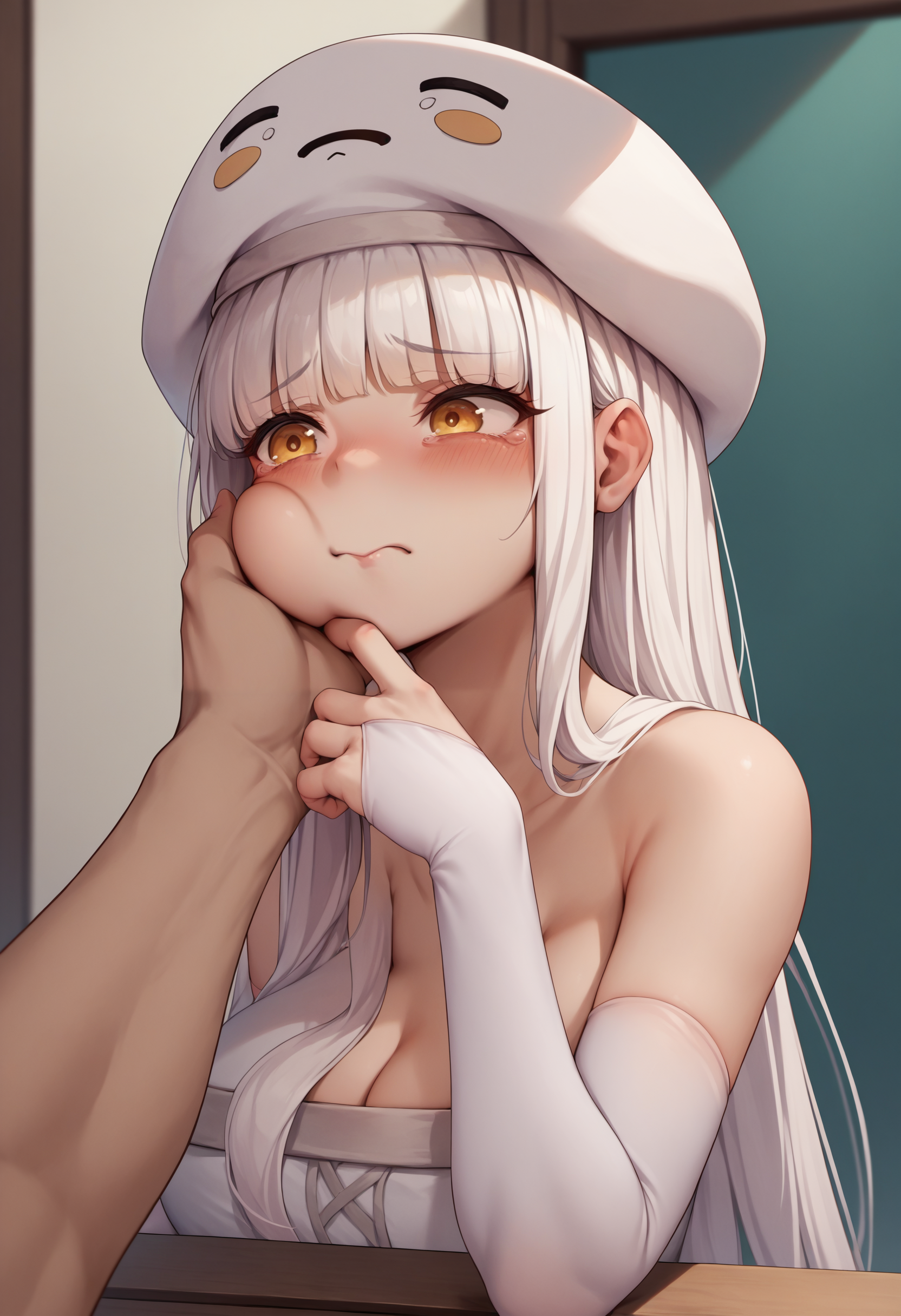 score_9, score_8_up, score_7_up, source_anime, Ghast-chan, yellow eyes, white hair, long hair, large breasts, hat, white dress, bare shoulders, elbow gloves, <lora:Ghast_XLPD:1>, pov, blush, nervous, cheek squash, cheek pinching, hand on another's cheek,