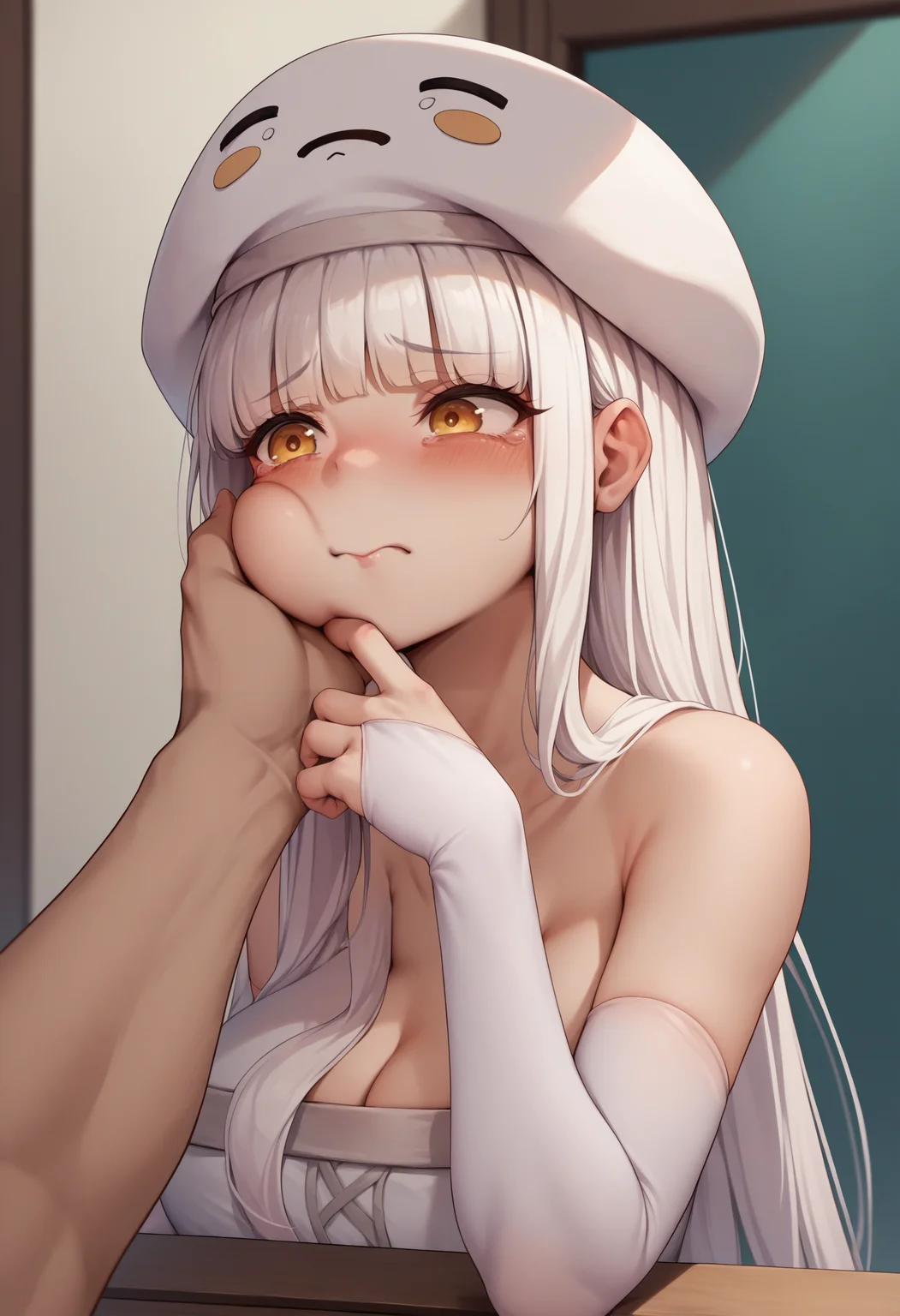 score_9, score_8_up, score_7_up, source_anime, Ghast-chan, yellow eyes, white hair, long hair, large breasts, hat, white dress, bare shoulders, elbow gloves, <lora:Ghast_XLPD:1>, pov, blush, nervous, cheek squash, cheek pinching, hand on another's cheek,