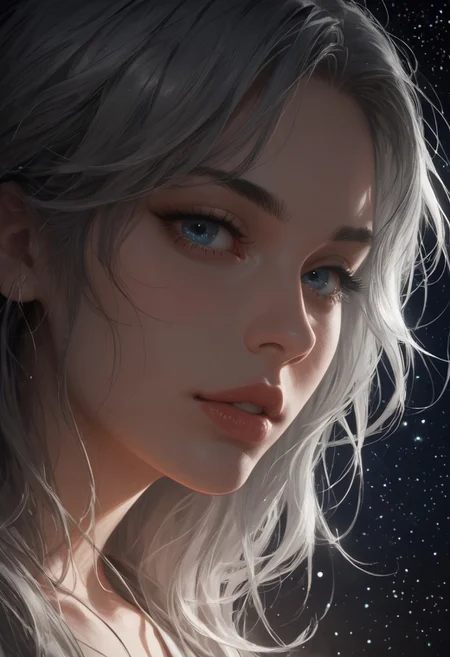 safe_pos, score_9, score_8_up, score_7_up, BREAK, Chiaroscuro Lighting Style,Space , bright planets , stars , galaxies , exploding stars , cosmic dust , galaxy lights , black holes , detailed rays , 

closer camera , view from below , 

beautiful face , round face , detailed face , beautiful eyes , detailed eyes , blue eyes , beautiful hair , gray hair  , strong , 

posing , arms out to the side , arms up , laughing , rays falling on the body ,