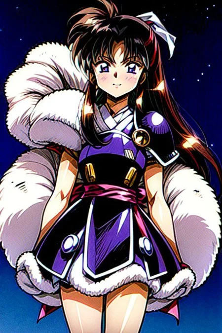 best quality 1girl Setsun4 solo long hair, (night time) forest background black hair very long hair purple eyes multicolored hair armor, small, (fur trim) (medium body),<lora:EMS-179-EMS:0.800000>,<lora:EMS-293862-EMS:0.800000> bow, hair_bow, hair_tubes, red_bow, brown_hair, long_hair, bangs, ascot, frilled_bow, yellow_ascot, blush, smile, hair_between_eyes, athletic, armor, miko, Smiling, happy, dragoon helmet, (helmet)