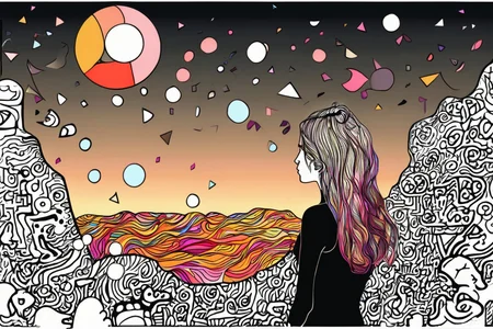 a beautiful girl looking at a sunset, surrounded by shapes, doodle art style <lora:Doodle_XL_V1:1>