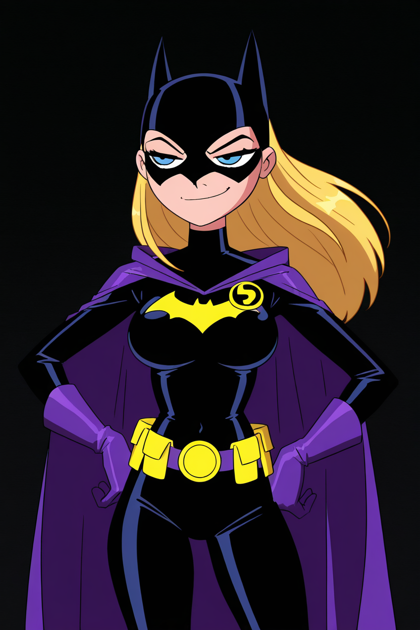 masterpiece, best quality,    stephanie brown, dc comics, 1girl, batgirl costume (2021 stephanie), batman symbol, belt, belt pouch, black background, black bodysuit, blonde hair, blue eyes, bodysuit, breasts, cape, covered navel, cowboy shot, cropped legs, gloves, half-closed eyes, hands on own hips, large breasts, pouch, purple belt, purple cape, purple gloves, simple background, smug, solo, utility belt   ,<lora:TTitansStyleIXL:1.0>,