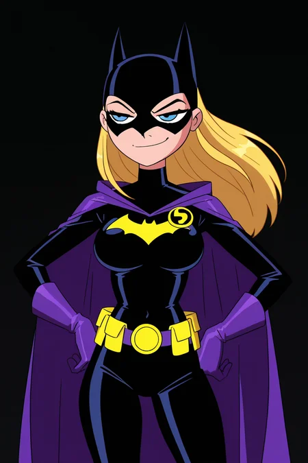 masterpiece, best quality, stephanie brown, dc comics, 1girl, batgirl costume (2021 stephanie), batman symbol, belt, belt pouch, black background, black bodysuit, blonde hair, blue eyes, bodysuit, breasts, cape, covered navel, cowboy shot, cropped legs, gloves, half-closed eyes, hands on own hips, large breasts, pouch, purple belt, purple cape, purple gloves, simple background, smug, solo, utility belt ,<lora:TTitansStyleIXL:1.0>,