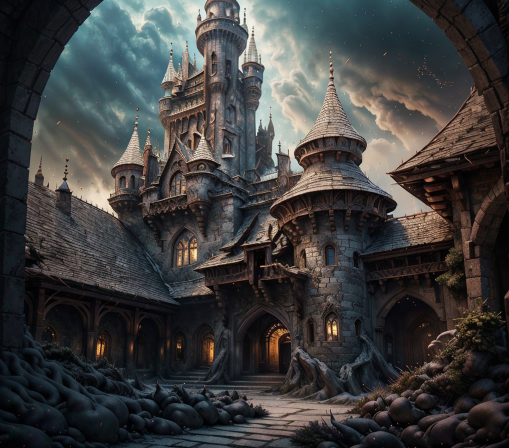 RAW photo, (masterpiece:1.3), subsurface scattering, heavy shadow, (high quality:1.4), (intricate, high detail:1.2), professional photography, HDR, High Dynamic Range, realistic, ultra realistic, photorealistic, high resolution, film photography, ambient lighting, atmospheric effects, <lora:detail_slider_v4:2>, OverallDetail, DarkFantasy, Fantasy picture, a medieval castle courtyard, fanca, <lora:FantasyCastle:0.8>,<lora:fantasy00d:0.6>, fantasy00d, <lora:zoom_slider_v1:3>