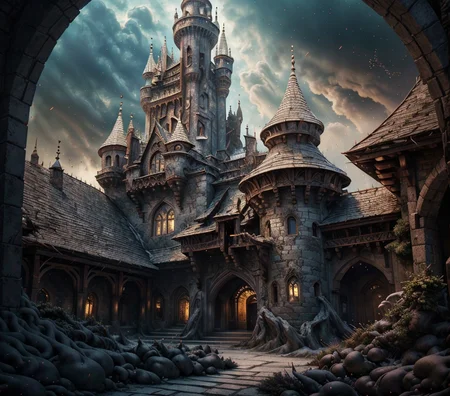 RAW photo, (masterpiece:1.3), subsurface scattering, heavy shadow, (high quality:1.4), (intricate, high detail:1.2), professional photography, HDR, High Dynamic Range, realistic, ultra realistic, photorealistic, high resolution, film photography, ambient lighting, atmospheric effects, <lora:detail_slider_v4:2>, OverallDetail, DarkFantasy, Fantasy picture, a medieval castle courtyard, fanca, <lora:FantasyCastle:0.8>,<lora:fantasy00d:0.6>, fantasy00d, <lora:zoom_slider_v1:3>