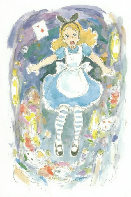 hayaomiyazaki2 illustration
Overhead view of Alice in Wonderland falling into the rabbit hole, with her legs dangling beneath her. She is looking upward, her face filled with shock and terror as she screams. Her blue dress and white apron billow out around her as she tumbles, while her striped stockings and black shoes are visible below. The rabbit hole is a swirling, chaotic mix of vibrant colors, playing cards, teacups, and other Wonderland objects floating around her. Soft glowing light emanates from the tunnel walls, adding an eerie, fantastical feel to the scene. The sense of motion and fear is palpable as Alice falls deeper into the unknown. The background is stark white. <lora:hayaomiyazaki2_cap_d8a4:1.0><lora:861076854688189665:0>
