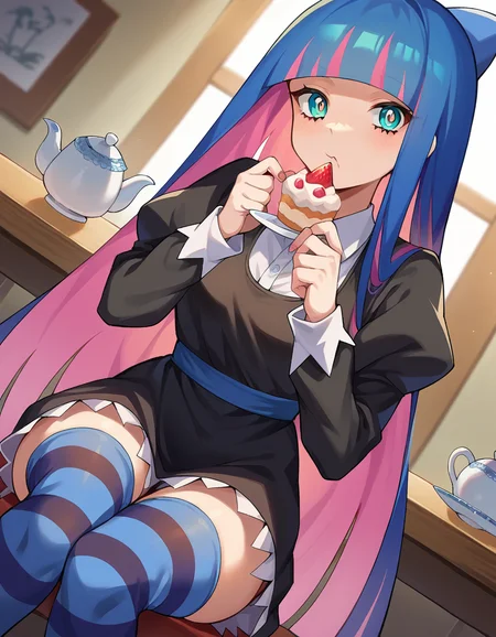 score_9, score_8_up, score_7_up, source_anime,
psgstocking, <lora:stocking-anarchy-ponyxl-lora-nochekaiser:1>,
psg stocking, blue eyes, blue hair, colored inner hair, hair bow, long hair, multicolored hair, pink hair, two-tone hair, bangs, blunt bangs,
striped, striped thighhighs, thighhighs, dress, black dress, puffy sleeves, long sleeves, skirt, shirt, collared shirt, white shirt,
indoors, table, sitting, chair, teacup, teapot, strawberry shortcake, eating, food,
looking at viewer, cowboy shot, dutch angle,