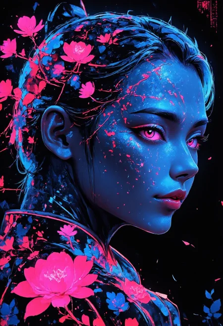 bo-exposure, BMStyle, Anime, TOK, zavy-hrglw, aidmasoftglow
epic portrait of cyber geisha, (neon kimono:1.6), double exposure of (Shibuya at night:1.7), (botanical garden:1.5), (bioluminescent plants:1.6), fairies, (floating koi fish:1.5), (abstract neon patterns:1.6), (katana on back:1.4), (glowing flower:1.7), stunning girl, (light on face:1.8), (glitch art:1.5), (novuschroma79 style:1.6), (anime:1.6), vibrant colors, (cinematic color grading:1.7), surreal lighting, cinematic depth, neon hair, cybernetic galaxy eyes