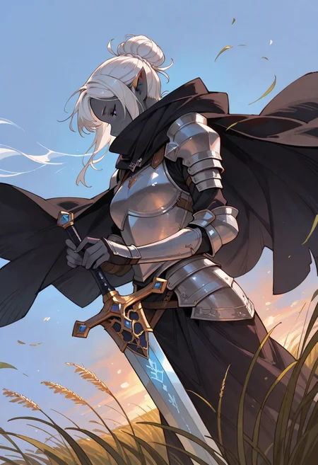 masterpiece, newest,absurdres,incredibly absurdres, best quality, amazing quality, very aesthetic, western comics \(style\), 
1girl, drow_elf, grey skin, white hair, violet eyes, cute face, sexy, hair in bun, afterglow, dynamic angle, profile, somber expression, looks down, closed eyes, wears ornate metallic plate armor, long dark cape, dramatic cape, covered mouth, pauldrons, breastplate, arm guards, hands on the hilt, large sword, falcion sword, tall grass field, wind blowing, vibrant solid blue background, sunset,
<lora:style1_v1_Illusv2.0_1:1> stylized  <lora:[Cygames Mobage (Hideo Minaba Yuya Nagai Ryoji Ohara)] Granblue Fantasy Art Style Illustrious_1656091:1> granbluefantasysyleil