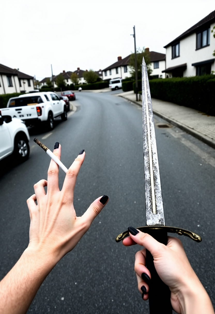 Pov, first person perspective, A woman's hands in the foreground, hold a cigarette in the left hand and a large, medieval-style sword in the right hand, black nail polish. The scene is a suburban street with a slight curve, lined with modern houses and manicured hedges on the right. Several vehicles, including a white pickup truck, are parked on the left side of the road. Overcast sky, daytime, muted colors, slight wide-angle lens effect, amateurish quality., 