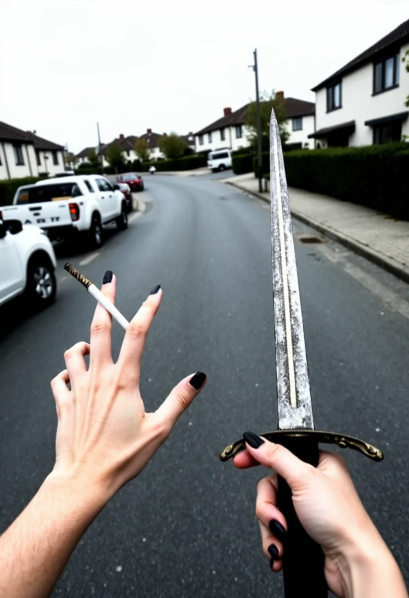 Pov, first person perspective, A woman's hands in the foreground, hold a cigarette in the left hand and a large, medieval-style sword in the right hand, black nail polish. The scene is a suburban street with a slight curve, lined with modern houses and manicured hedges on the right. Several vehicles, including a white pickup truck, are parked on the left side of the road. Overcast sky, daytime, muted colors, slight wide-angle lens effect, amateurish quality.,