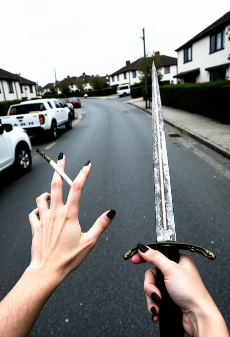 Pov, first person perspective, A woman's hands in the foreground, hold a cigarette in the left hand and a large, medieval-style sword in the right hand, black nail polish. The scene is a suburban street with a slight curve, lined with modern houses and manicured hedges on the right. Several vehicles, including a white pickup truck, are parked on the left side of the road. Overcast sky, daytime, muted colors, slight wide-angle lens effect, amateurish quality., 