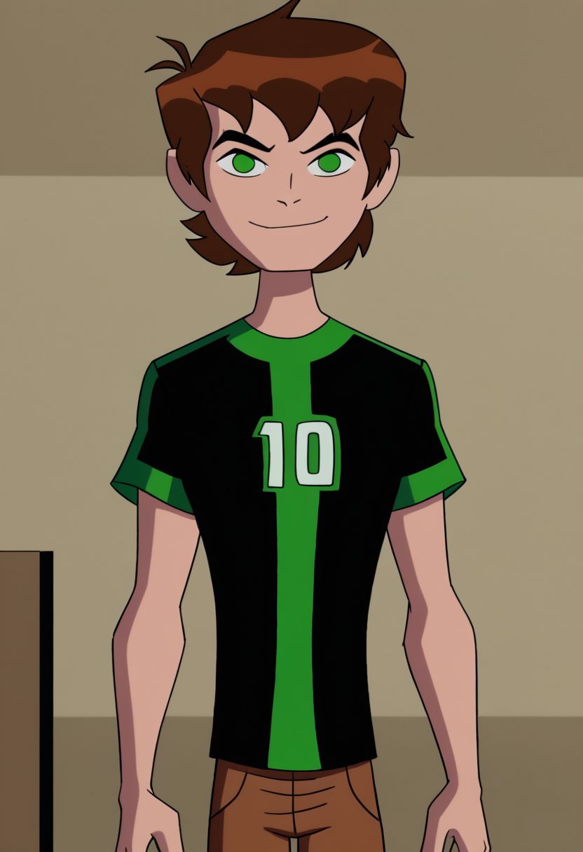 Ben tennyson 1boy,solo,smile,closed mouth,looking at viewer,brown hair,green eyes,short sleeves,black shirt,upper body,brown pants
