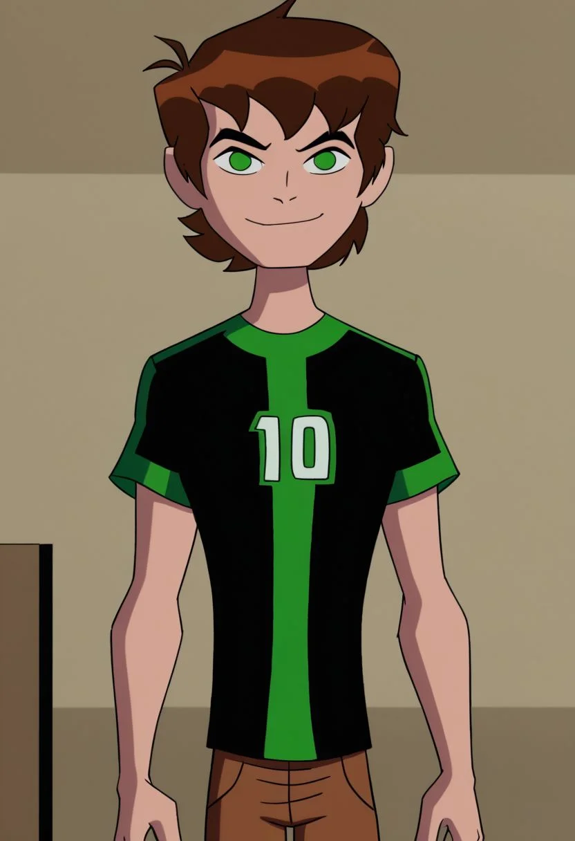 Ben tennyson 1boy,solo,smile,closed mouth,looking at viewer,brown hair,green eyes,short sleeves,black shirt,upper body,brown pants