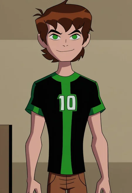 Ben tennyson 1boy,solo,smile,closed mouth,looking at viewer,brown hair,green eyes,short sleeves,black shirt,upper body,brown pants
