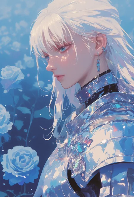 A hyper-realistic, ethereal character with long, flowing white hair kneels solemnly amidst a surreal field of large blue roses, their downcast gaze filled with a sense of melancholy. The character is clad in intricate, reflective chrome armor, with each plate polished to a mirror-like finish, capturing subtle reflections of the surrounding blue roses and cool, dim lighting. The chrome surface enhances the elaborate engravings on the armor, giving it a futuristic yet medieval elegance. Their eyes, crying, tears, a bright, piercing blue, appear teary, adding a depth of sorrow to their expression. The shoulder armor bears a regal crest, blending elements of nobility and sadness. The deep blue roses around them contrast beautifully with the silvery chrome, adding a serene, otherworldly atmosphere to the scene. The soft glow of the background emphasizes the character’s introspective state, creating a moment of quiet vulnerability. ((reflective chrome armor, melancholic, hyper-realistic, fantasy, long white hair, blue roses, intricate chrome details, ethereal lighting, surreal setting, in the style of Jed-clrfl, highly detailed, somber mood, emotional portrait, glow_skin, iridescent skin, oily skin, portrait, Detailed hand, Hand, Perfect hand, in the style of Jed-clrfl, surreal photo, iridescent, aesthetic))