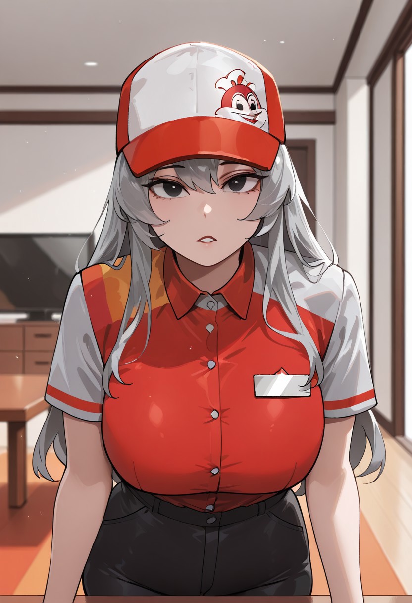 solo, woman, grey hair, black eyes, long hair, breast, jollibee_uniform, red collared shirt, shirt buttons, red cap, logo on cap, name tag, black pants, table, room, high quality, best quality, masterpiece, 4k resolution, anime